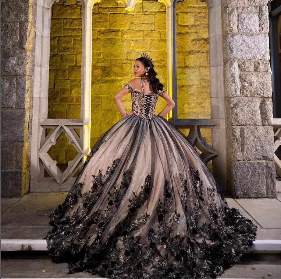 Black Chamapgne Gothic Quinceanera Dresses Off Shoulder 3D Applique vestidos de 15 quinceañeras Prom Sweet 16 Lace Up