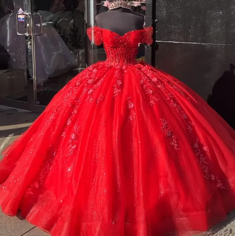 Red Princess Quinceanera Dresses Off Shoudler Sparkly Applique Corset vestido de festa 15 anos 2024