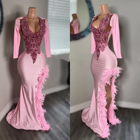 Long Sleeve Pink Evening Formal Dress for Women Sparkly Crystal Beaded Feather Prom Reception Gown vestidos de gala mujer