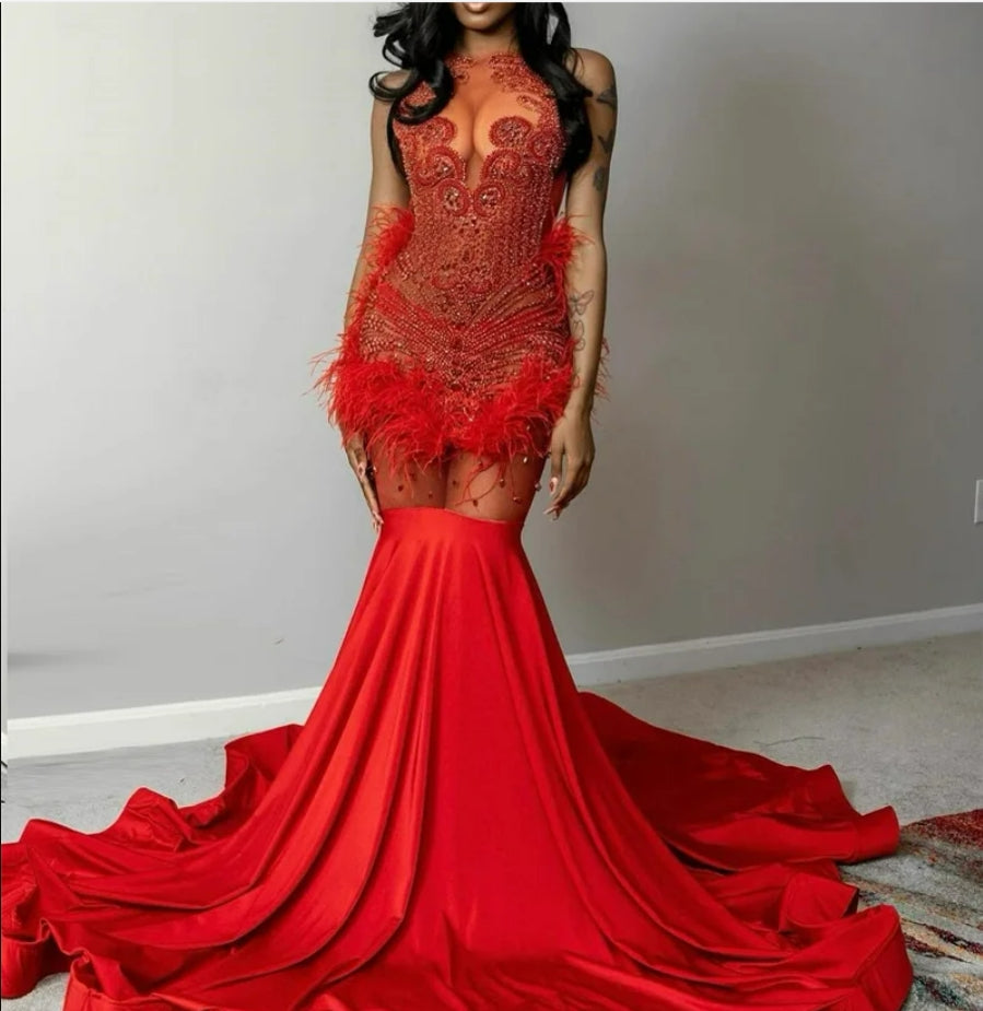 Red Diamonds Long Prom Dress For Black Girls 2024 Beaded Crystal Rhinestones Feather Evening Gown Birthday Party Dresses Vestido