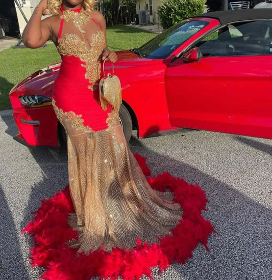 Sparkly Red Prom Dress Halter Beads Crystal Rhinestones Feathers Graduation Party Dress Birthday Wedding Reception Robe