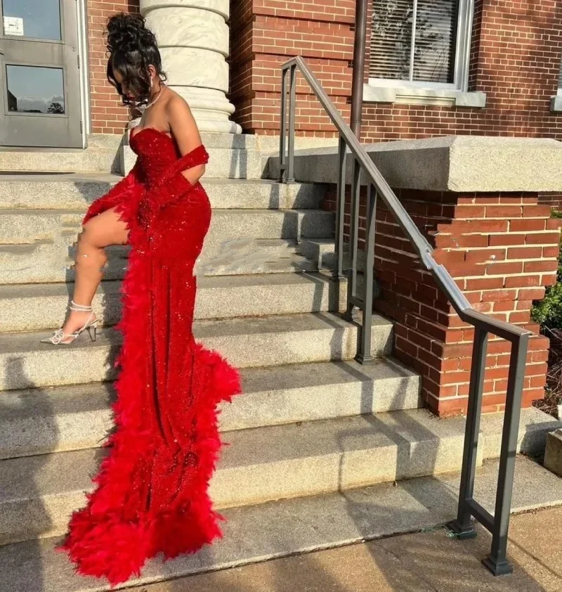 Sparkly Red Mermaid Prom Dresses For Black Girl 2024 Sweetheart Sexy Front Split With Wrap Vestidos De Fiesta Evening Occasion G