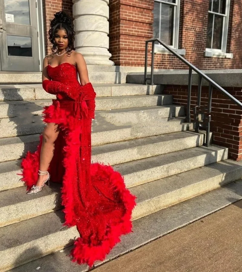 Sparkly Red Mermaid Prom Dresses For Black Girl 2024 Sweetheart Sexy Front Split With Wrap Vestidos De Fiesta Evening Occasion G