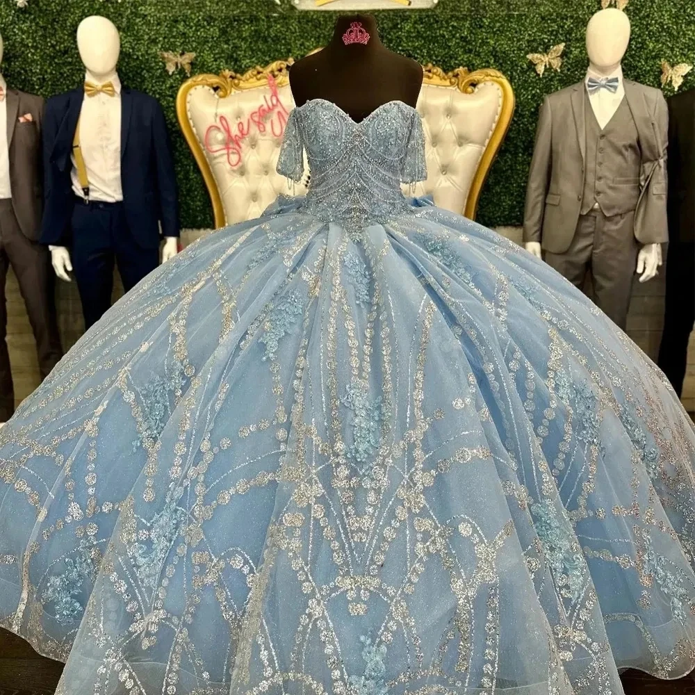 Glitter Blue Sky Quinceanera Dresses for Prom Gowns Sweetheart Beading Vestidos De 15 Anos Big Bow Tie Sweet 16 Robes