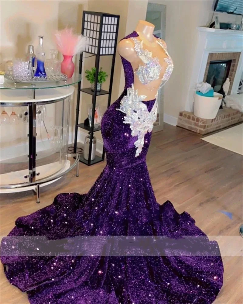 Grape Sheer O Neck Long Prom Dress For Black Girls 2023 Sparkly Sequined Birthday Party Dresses Beaded Appliques Evening Gowns