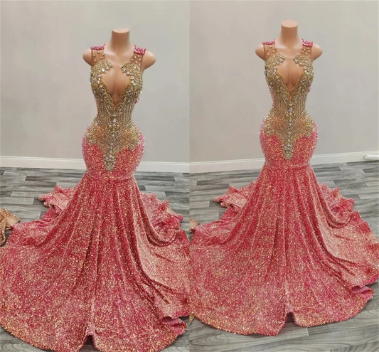 Pink O Neck Long Prom Dress For Black Girls Beaded Crystal Birthday Party Dresses Sequined Evening Gowns