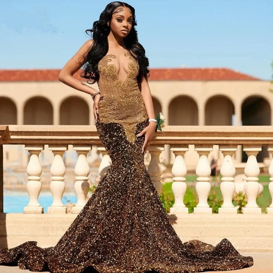 Sparkly Brown Sequins Mermaid Prom Dresses 2024 Sheer Neck Crystal Plus Size Birthday Party Gown Long Reception Robe