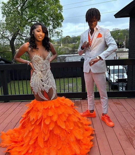 Elegant Orange Feathers Mermaid Prom Dresses For Black Girls For African Women 2023 Sheer Neck Plus Size Formal Evening Occasion