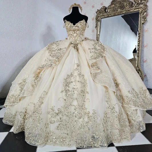 Light Champagne Quinceanera Dresses 2024 Off the Shoulder Lace Applique Tulle Ball Gown Birthday Party Sweet 16 Vestidos De 15 A