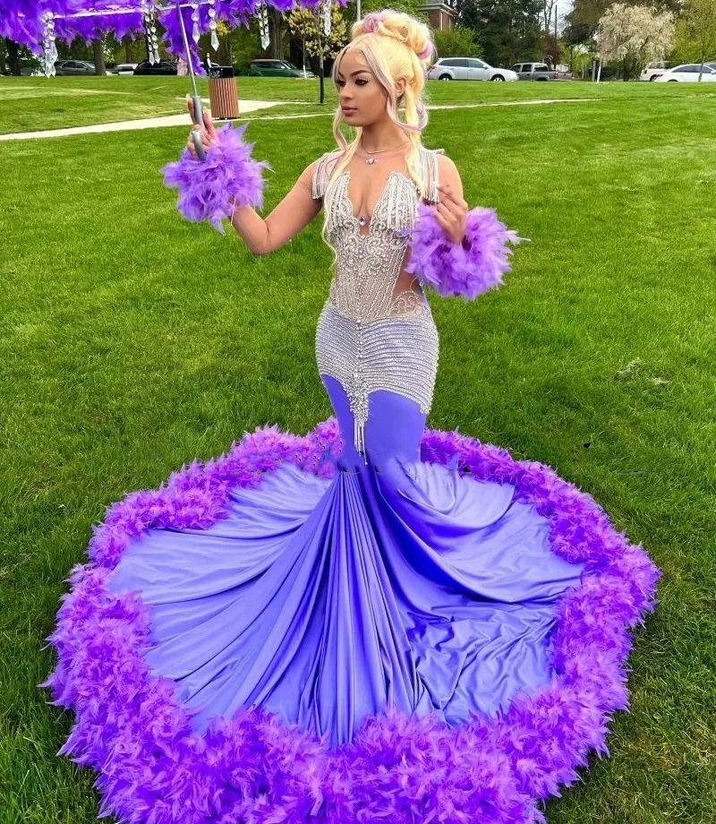 Luxury Purple Prom Dresses For Black Girls 2024 Rhinestone Feathers African Women Mermaid Party Gowns Vestidos De Festa