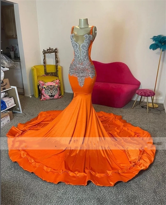 Sexy Crystal Bead Orange Long Prom Dresses 2024 For Black Girl Mermaid Birthday Party Dress Evening Gown Robe De Bal