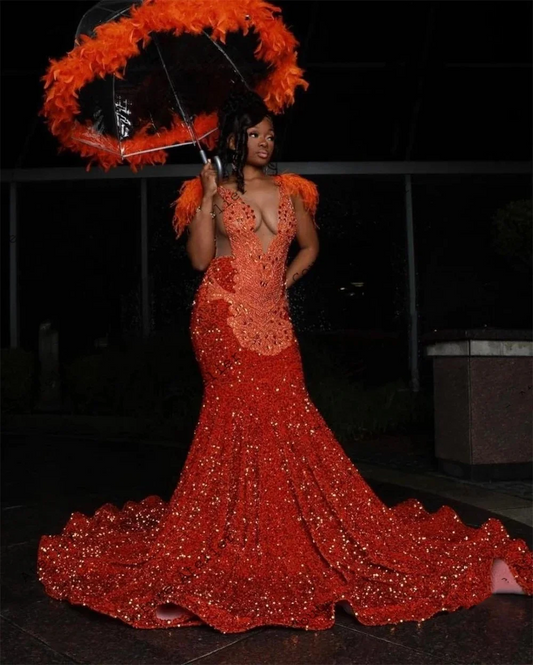 Elegant Orange Sequined Mermaid Prom Dresses With Crystal Beading Feathers Shoulder Brithday Part y Gowns For Black Girl