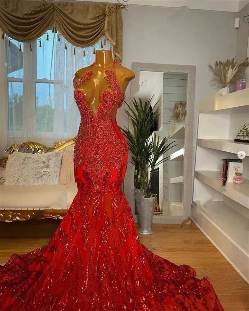 Red Halter Long Prom Dress For Black Girls 2024 Beaded Rhinestone Birthday Party Dresses Sequined Ruffles Evening Gown With Cape