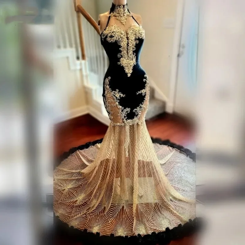 Elegant Black and Gold Sequin Prom Dress For Black Girls Luxury 2024 High Neck Lace Applique Party Gowns Vestido De Festa Gala