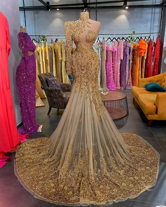Real Image Mermaid Gold Lace Evening Dresses 2023 Sheer Long Sleeeves Plus Size Formal Prom Occasion Gowns