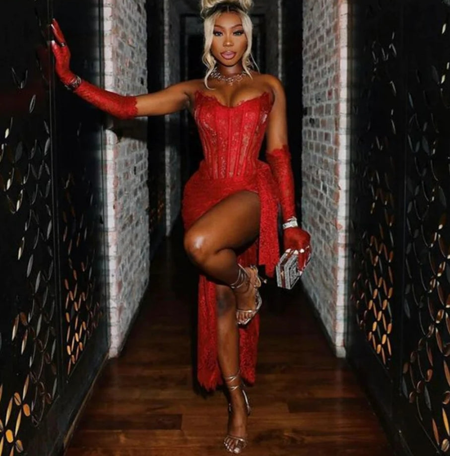 Sexy Red Short Prom Dress 2024 For Black Girls Lace Birthday Party Gowns With Gloves Mini Cocktail Homecoming