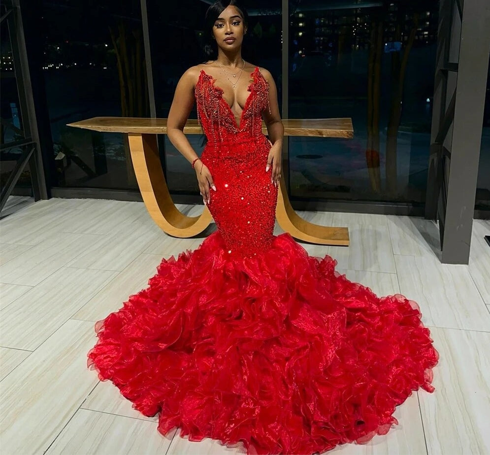 Hand Make Crystal Tassels Red Sweetheart Luxury Prom Dresses Black Girls Baddie Dresses For Birthday African vestidos de gala