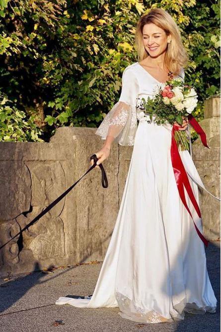 A-Line V-Neck V Back 3/4 Sleeves Satin Boho Wedding Dress with Lace