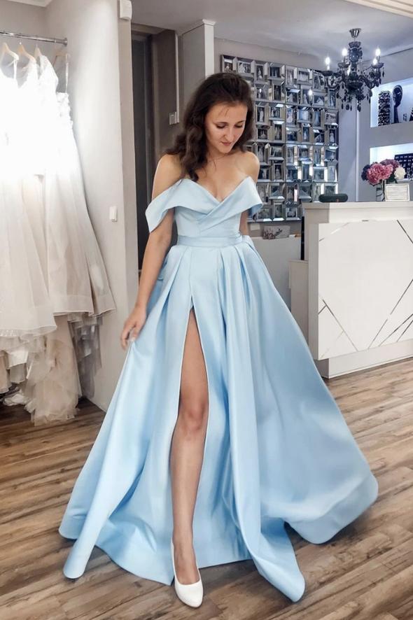 Blue satin long A line prom dress blue evening dress