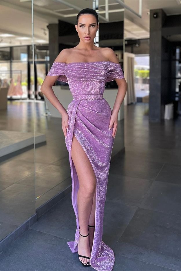 Chic Lilac Off-the-Shoulder Sequins Mermaid Evening Dress Split Long