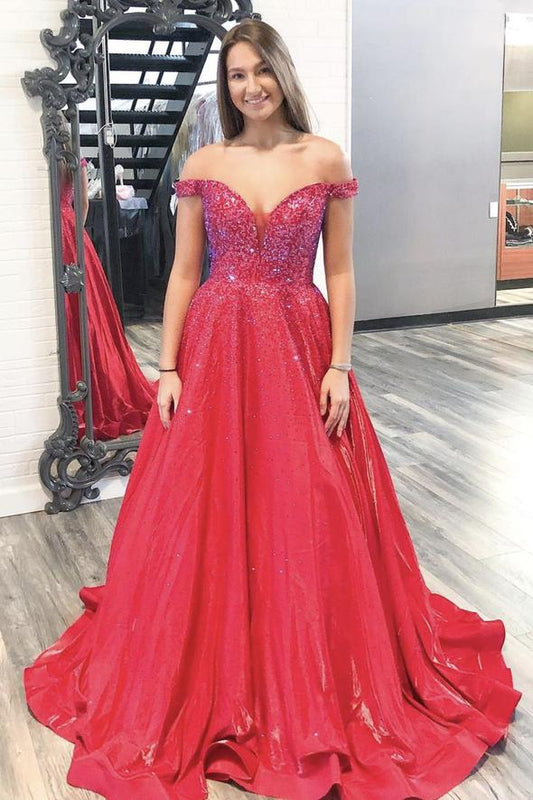 Red satin beads long prom dress A line evening gown