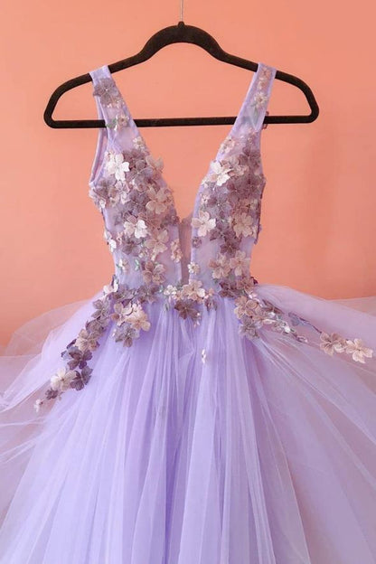 Purple tulle lace long ball gown dress evening dress