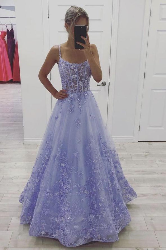 Purple tulle lace long prom dress A line evening dress