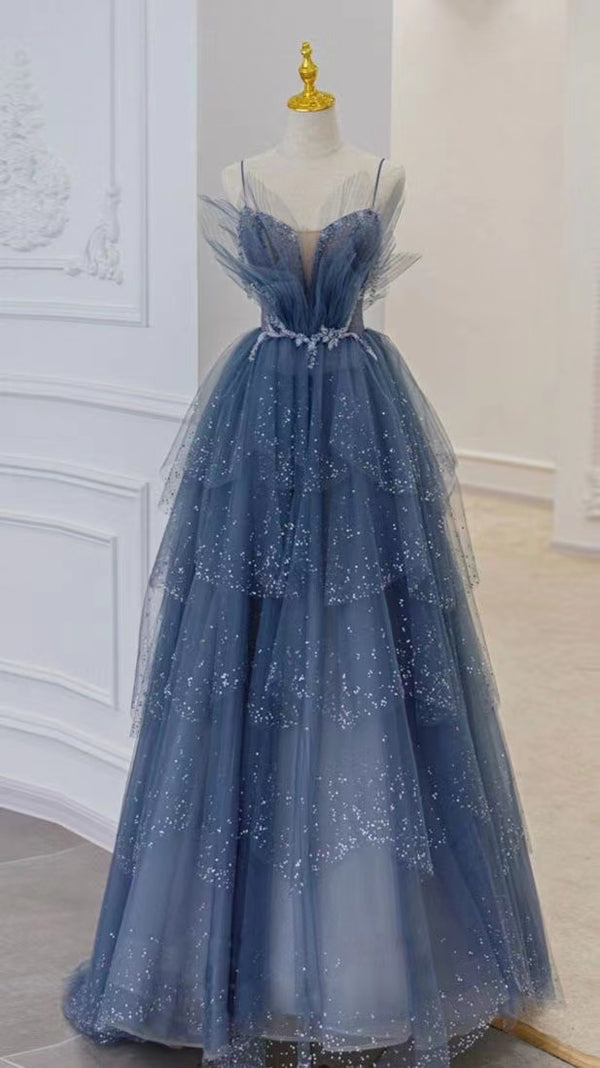 Sparkly Sequin Blue Tulle Sweetheart Layered Skirt Prom Dresses Spaghetti Straps 3D Flowers Evening Gown robe de soirée femme