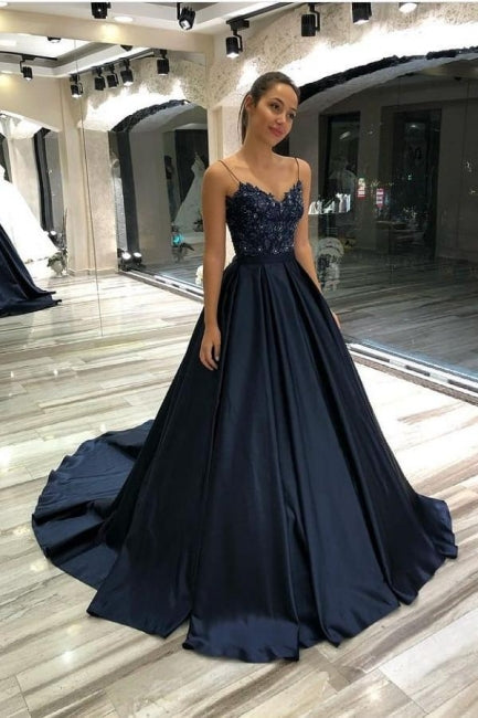 Dark blue evening dresses with lace | Prom dresses long cheap