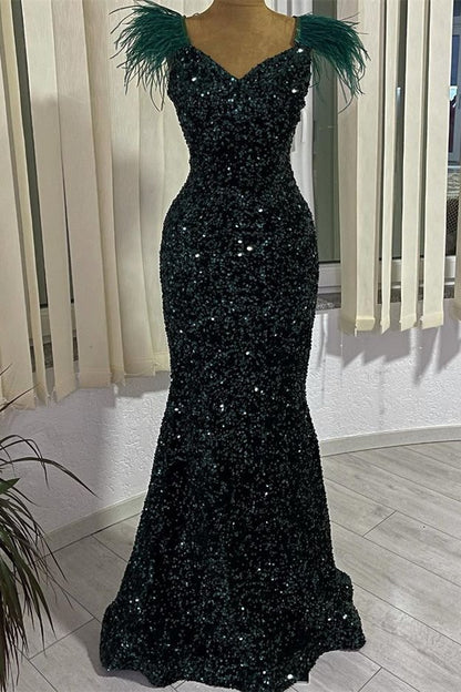 Dark Green V-Neck Sequins Mermaid Evening Dress With Feather