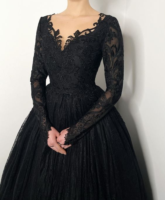 Black gothic romantic wedding lace dress with buttons