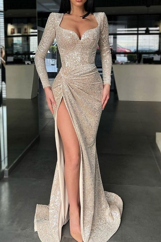 Gorgeous Long Sleeves Mermaid Sequins Evening Dress Long With Slit