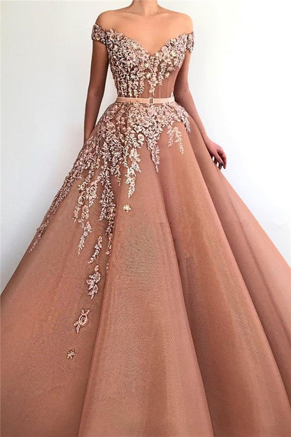 Elegant Off-The-Shoulder Appliques V-Neck Mermaid Prom Dress With Belt