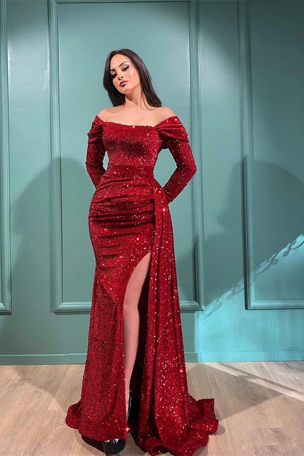 Elegant Burgundy Long Sleeves Sequins Prom Dress Mermaid Slit With Ruffles