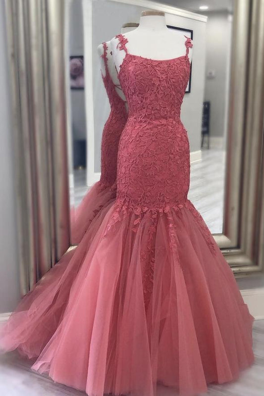 Red lace long prom dress mermaid evening dress