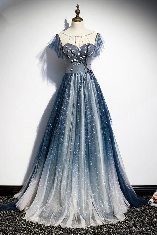 Blue tulle long A line prom dress blue evening dress