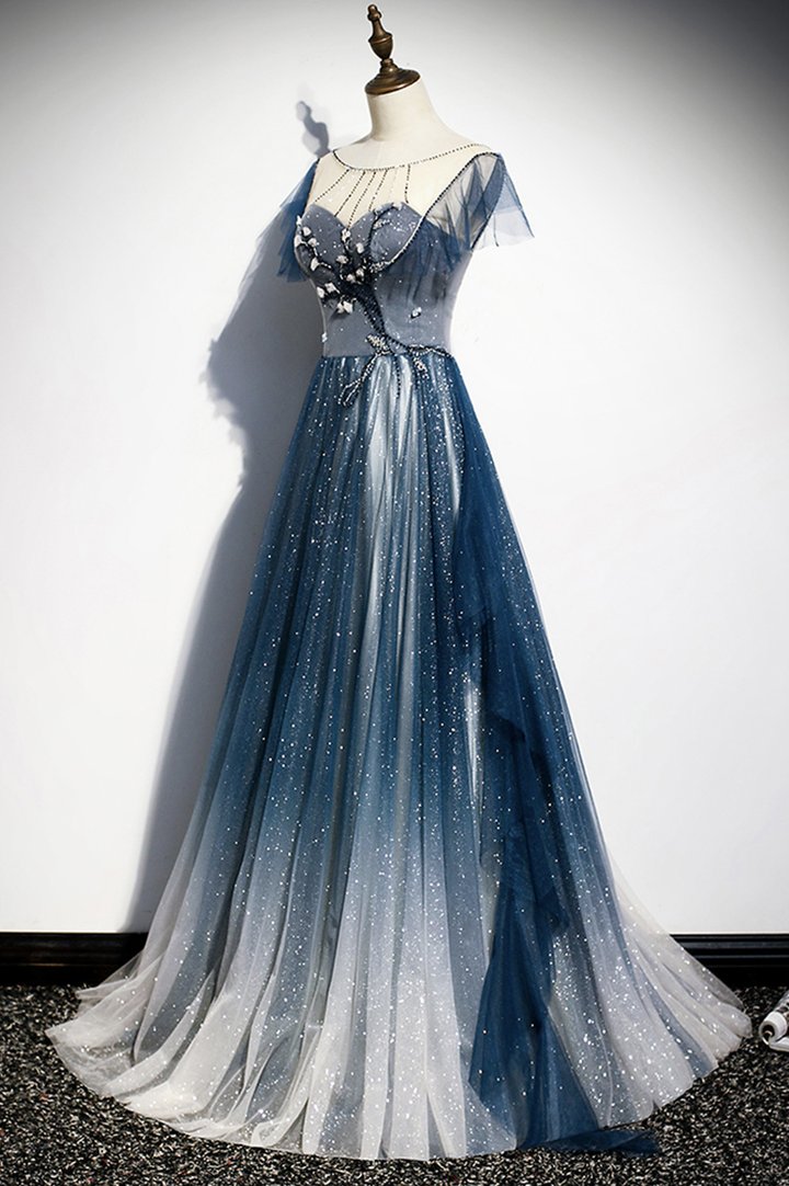 Blue tulle long A line prom dress blue evening dress