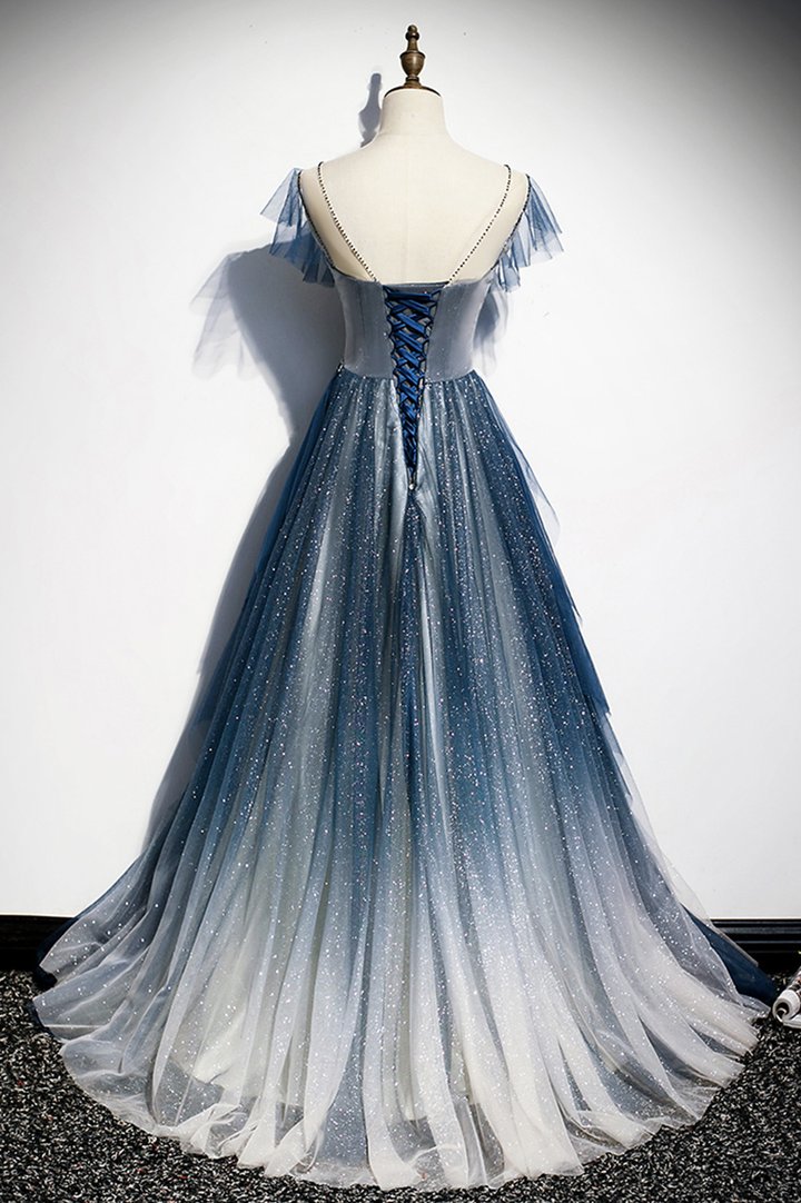 Blue tulle long A line prom dress blue evening dress