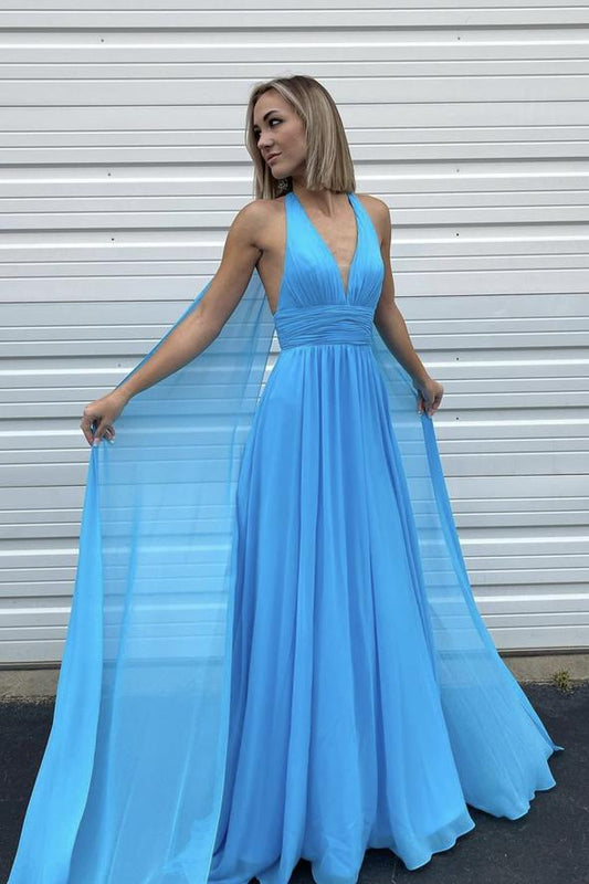 Blue chiffon long prom dress A line v neck evening gown