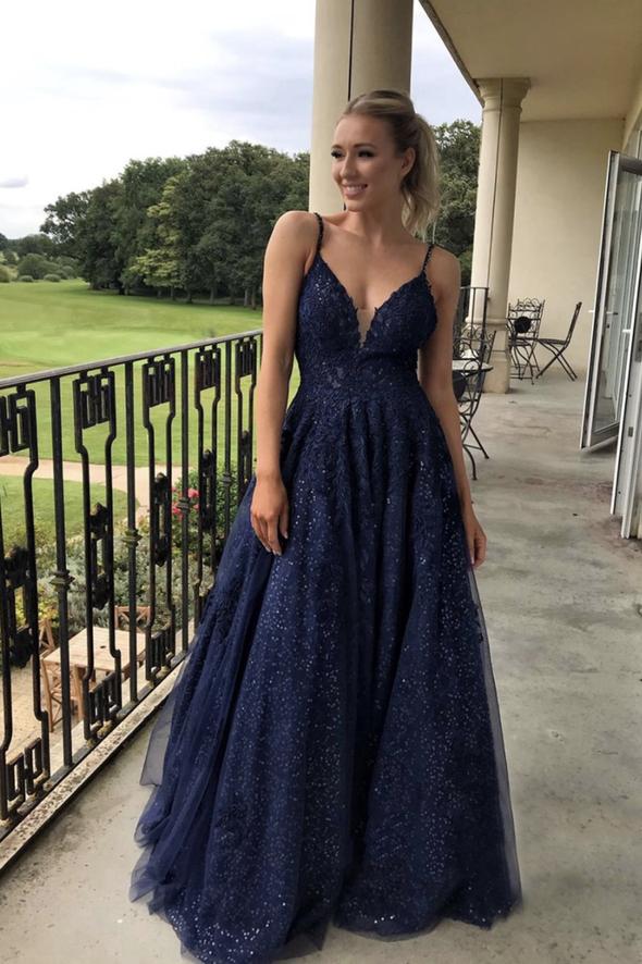 Blue lace sequins long prom dress A line evening dress