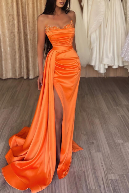 Elegant Orange Sweetheart Mermaid Evening Dress Split Long With Sequins Ruffles