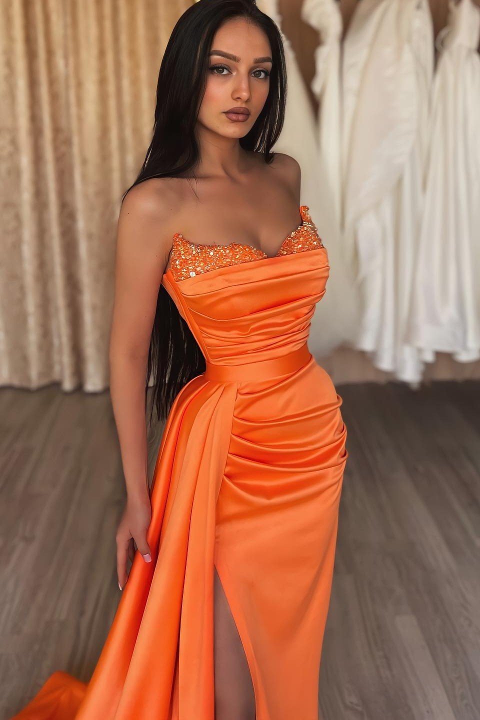 Elegant Orange Sweetheart Mermaid Evening Dress Split Long With Sequins Ruffles