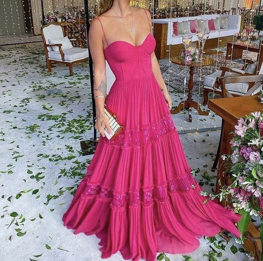 Hot Pink A-Line Spaghetti Straps Chiffon Long Prom Dresses