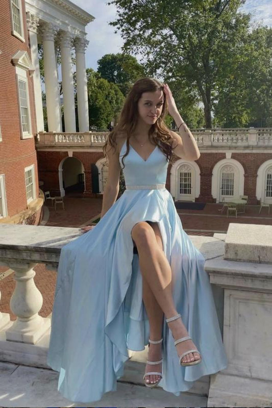 Blue v neck chiffon long prom dress evening dress