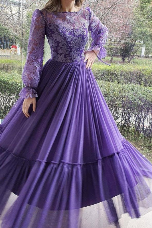 Purple chiffon sequins long prom dress evening dress