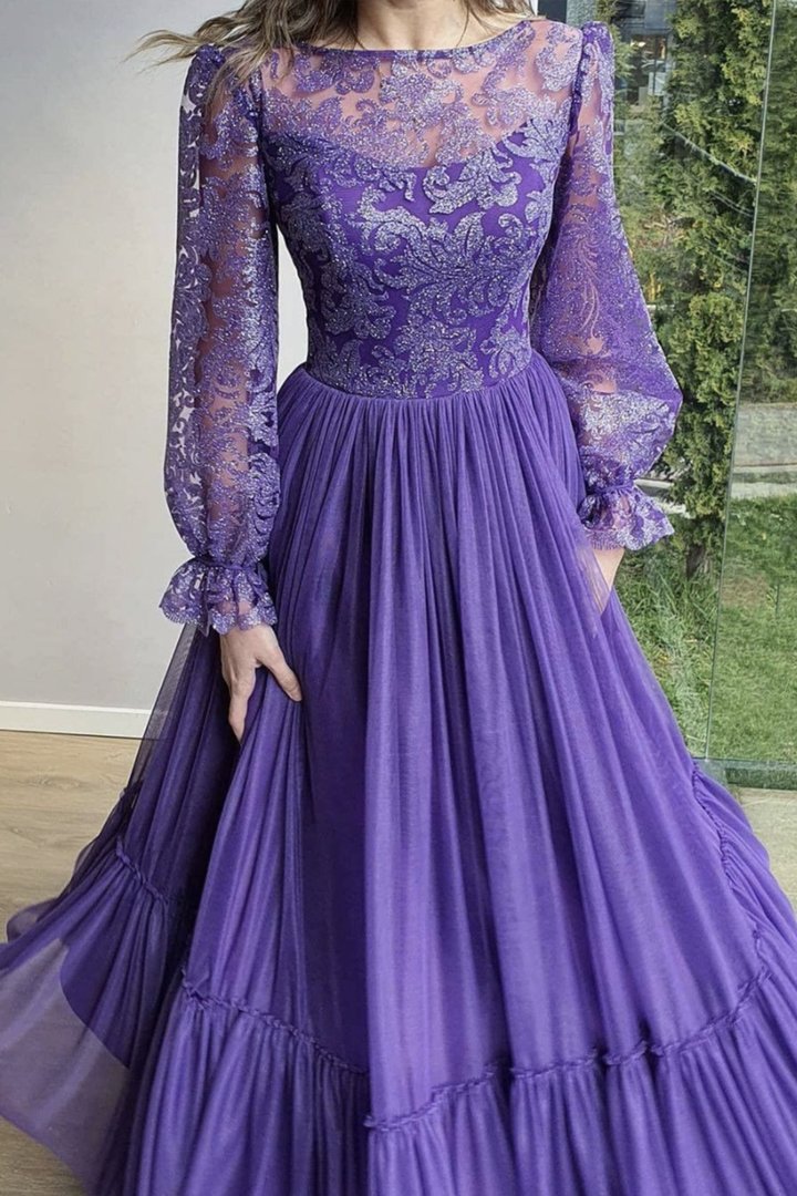 Purple chiffon sequins long prom dress evening dress