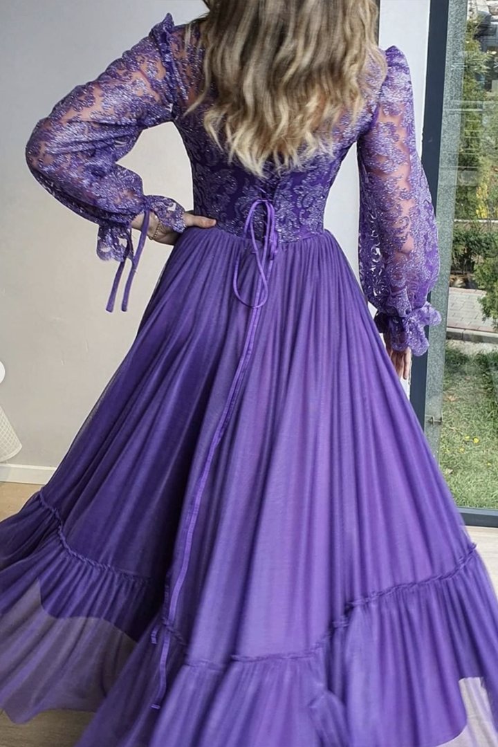 Purple chiffon sequins long prom dress evening dress