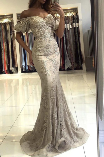 Gold lace long prom dress mermaid evening dress