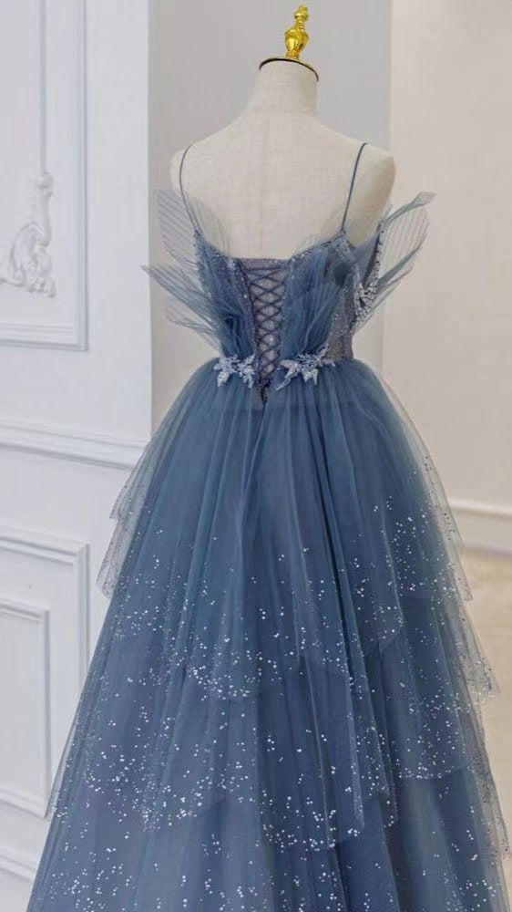 Sparkly Sequin Blue Tulle Sweetheart Layered Skirt Prom Dresses Spaghetti Straps 3D Flowers Evening Gown robe de soirée femme