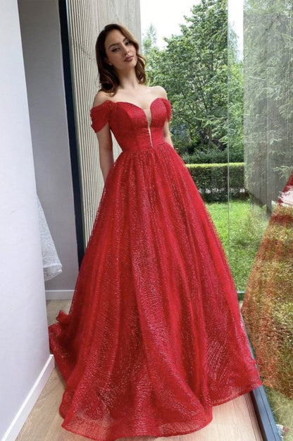 Red tulle sequins long prom dress evening dress